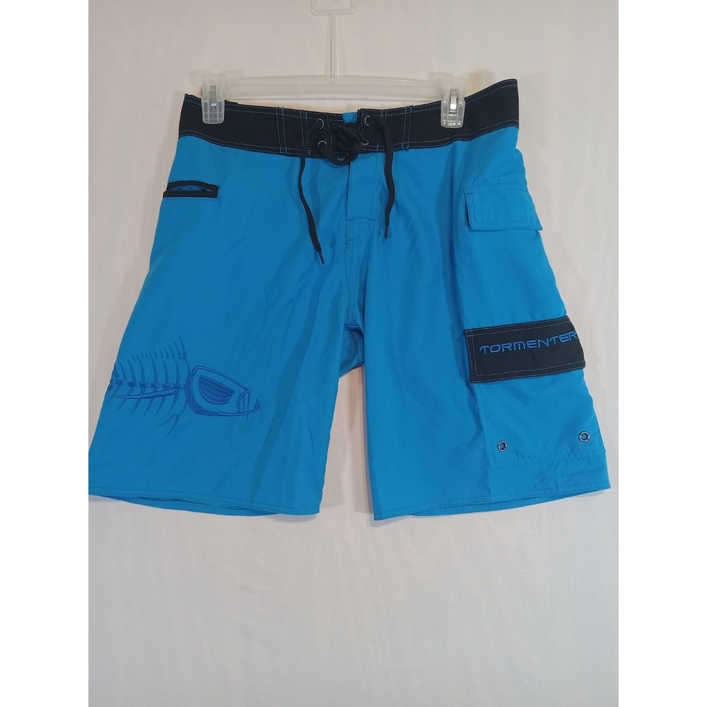 Tormenter Fishbone Board Shorts Men's 32 Blue Cargo Swim Trunks Surfing Vacation